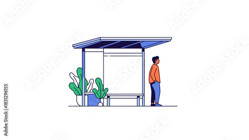 Man waits at the public transport stop, a modern, clean design perfect for city life concepts or urban planning illustrations, showcasing a calm, everyday scene