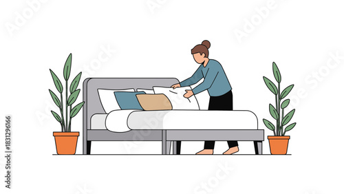 Modern woman making bed, arranging pillows in stylish bedroom with potted plants, creating cozy atmosphere for relaxation and peaceful sleep at home