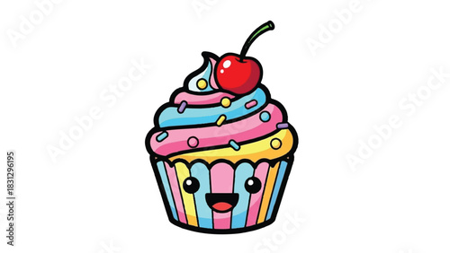 Cute Kawaii Cupcake with Cherry and Sprinkles.