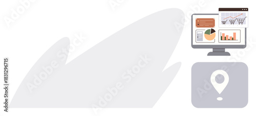 Computer monitor displaying data charts, graphs, shopping cart, retail dashboard. Ideal for analytics, e-commerce, location-based marketing, reporting, business growth technology digital strategy