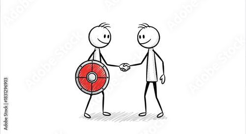 Two stick figures shaking hands one holding a shield.