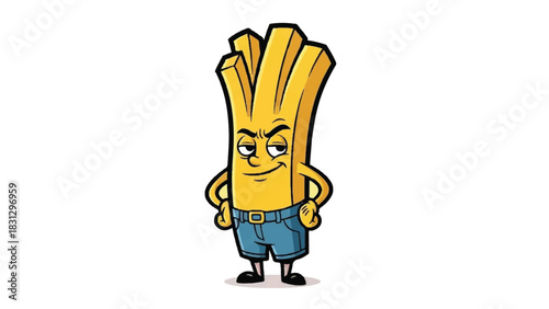 Cartoon French Fry Character Wearing Blue Jeans and Belt.