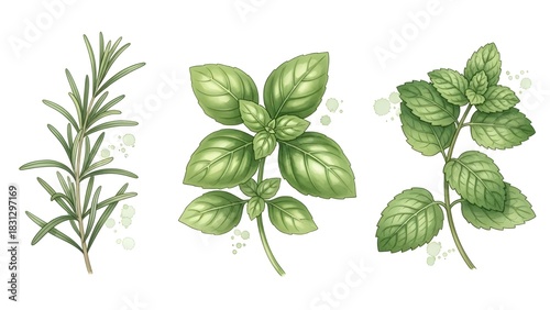 Fresh aromatic herbs watercolor illustration: rosemary, basil, and mint, essential for cooking, seasoning, and healthy recipes.