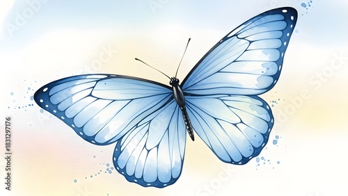 Delicate watercolor blue butterfly with intricate wing details and soft gradient background, subtle paint splatters, freedom