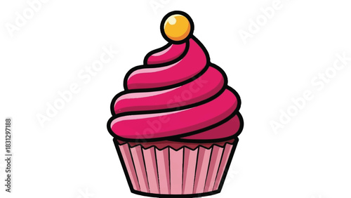 Delicious Pink Cupcake with Golden Topping Isolated on White Background.