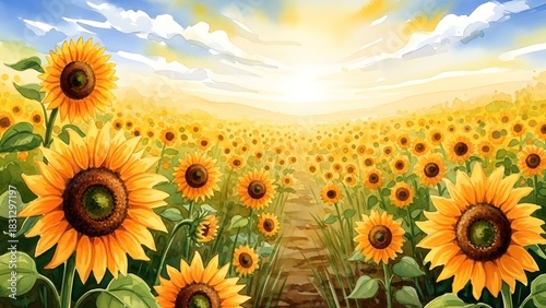Vibrant watercolor painting of a vast sunflower field stretching into the horizon under a bright sunny sky with a rustic pathway.