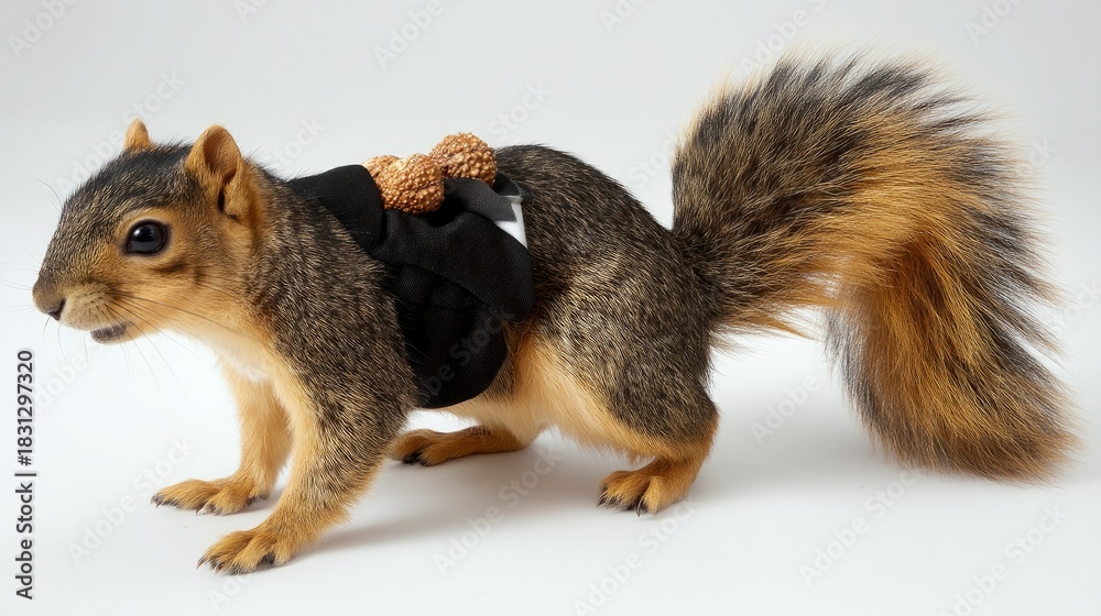Fototapeta premium A squirrel wearing a small black costume with two brown objects on its back, posed against a white background.