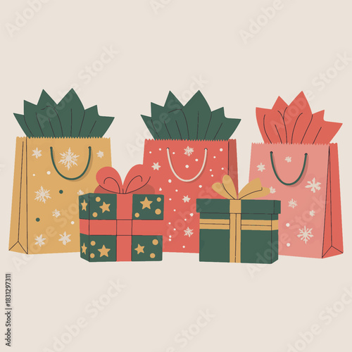 Gift Bags and Wrapped Presents with Festive Patterns vector illustration