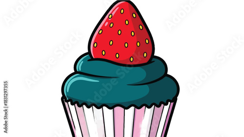 Delicious Teal Frosted Strawberry Cupcake with Pink Wrapper.