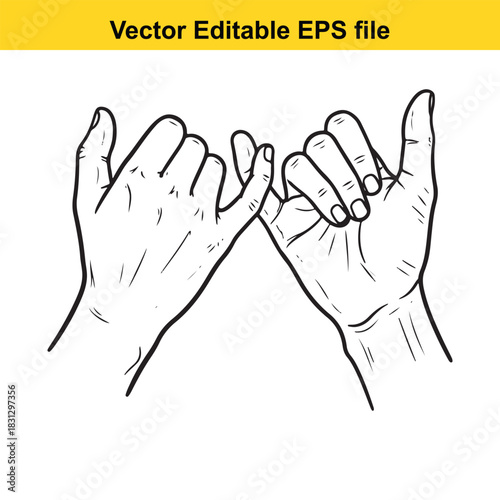 Black and white line art drawing of two hands interlocking pinky fingers for a pinky promise gesture, isolated on white background