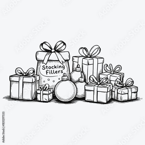 Hand Drawn Christmas Gifts and Stocking Fillers Bag Black and White Sketch present ribbon