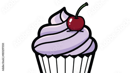A delicious cupcake with purple frosting and a cherry on top.