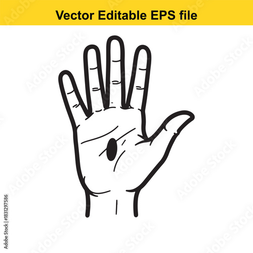 Outline drawing of an open human palm showing hand line markings and a central oval shape, isolated on white background
