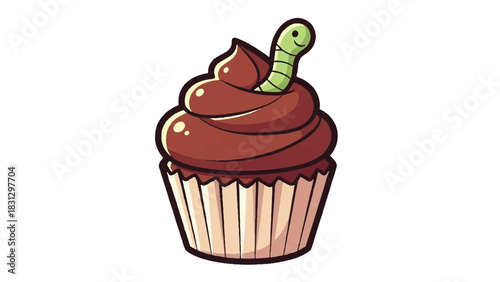 Cartoon Chocolate Cupcake with Green Worm Topping Illustration.