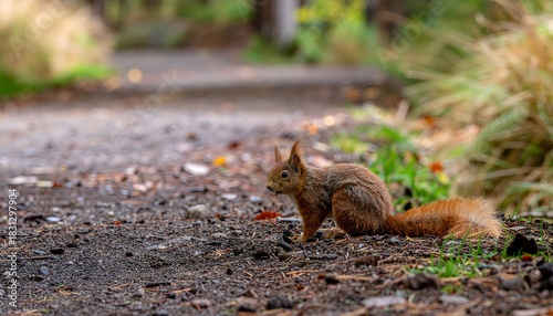 Cute red squirrel sitting on a forest path searching for nuts in autumn