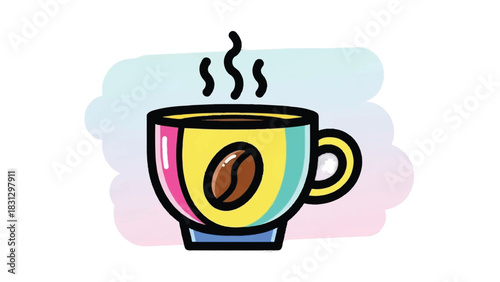 Colorful Coffee Cup with Steam and Coffee Bean Icon.