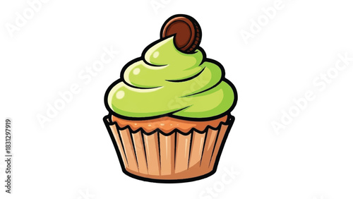 A delicious green frosted cupcake with a chocolate topping.
