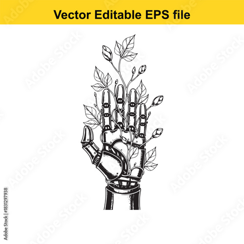 Black and white line art illustration of a robotic hand with growing plant sprout and leaves, symbolizing nature and technology balance, isolated on white background