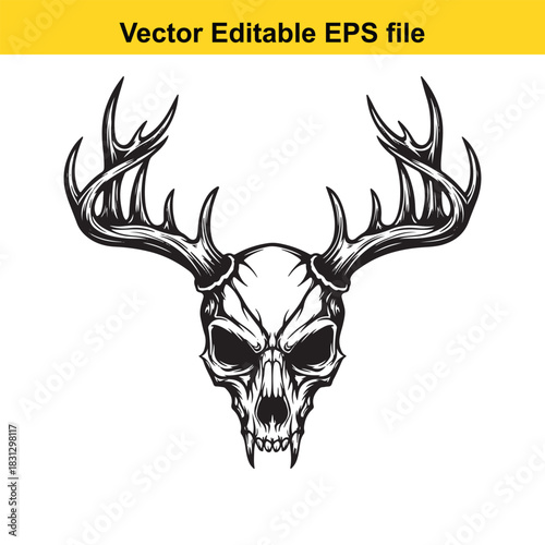 Vector editable eps file of a menacing deer skull with large, elaborate antlers, isolated on white background, perfect for graphic design