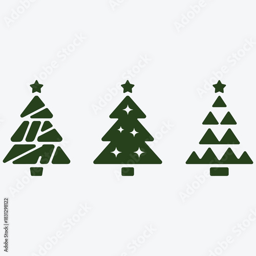 Three Stylized Dark Green Christmas Tree Icons with Stars on White Background xmas evergreen