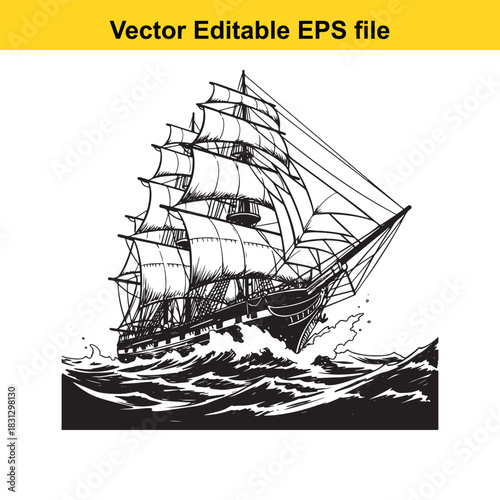 Black and white vector illustration of a large historic sailing ship or tall ship with full sails navigating rough ocean wave crests, isolated on white background