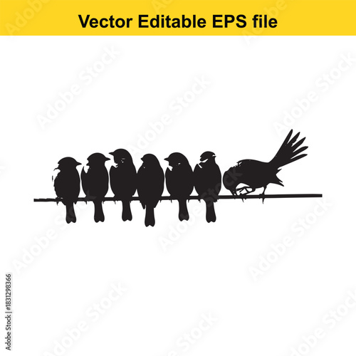 Silhouette of seven small bird figures perched closely together on a thin horizontal line, isolated on white background