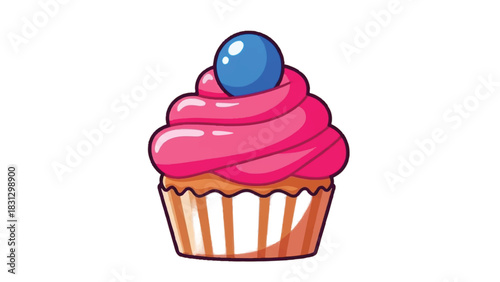 A delicious pink frosted cupcake with a blue berry on top.