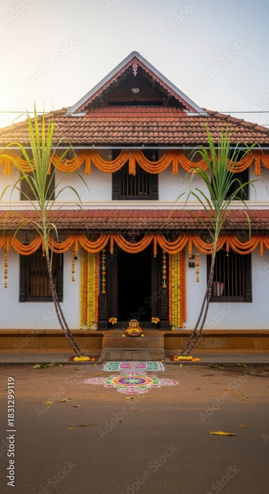 Obraz premium Traditional kerala home decorated with marigold garlands, sugar cane, and colorful rangoli.