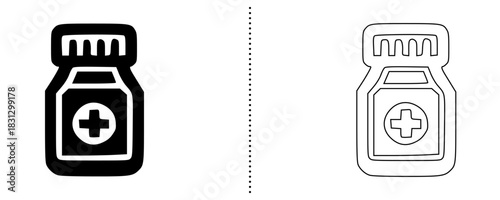 Medicine Bottle Icon Set – Pharmaceutical Container with Cross Symbol in Bold and Outline Line Style for Healthcare, Pharmacy, Treatment, and Medical Packaging Designs