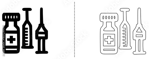 Vaccine and Injection Icon Set – Medical Vial, Syringe, and Ampoule in Bold and Outline Line Style for Healthcare, Immunization, Treatment, and Pharmaceutical Graphic Designs