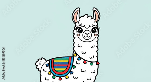 Cute cartoon llama with colorful saddle and tassels.