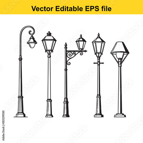 Collection of five different vintage and classic street lamp post designs in black and white vector outline style, isolated on white background