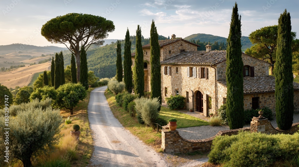 Fototapeta premium Charming rustic tuscan villa with cypress trees and scenic countryside road in italy