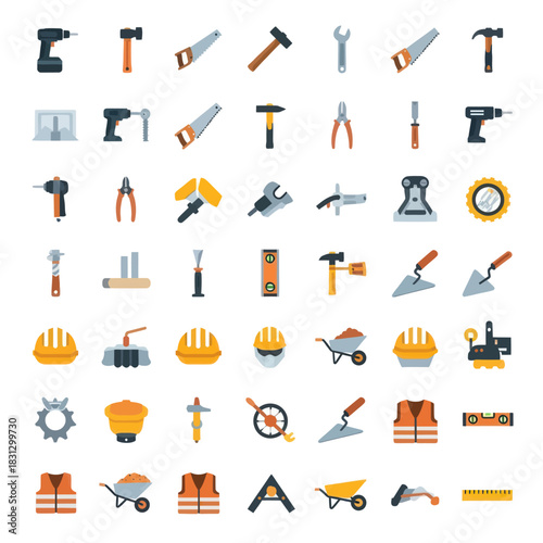 Collection of construction and DIY tools and safety equipment.