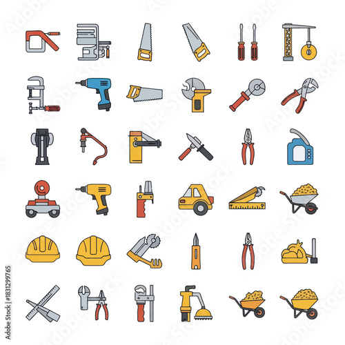 Colorful Hand Drawn Construction and Workshop Tool Icon Set.