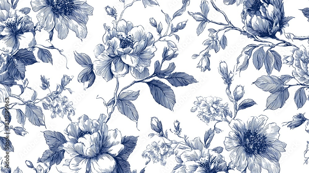 Obraz premium vintage navy botanical toile pattern with elegant hand drawn floral line art