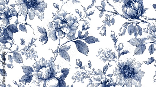 vintage navy botanical toile pattern with elegant hand drawn floral line art
