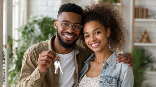 Happy african couple celebrating new home with keys in bright living room