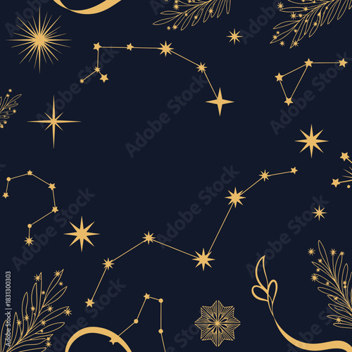 Celestial pattern featuring constellations, stars and golden floral elements for astrological