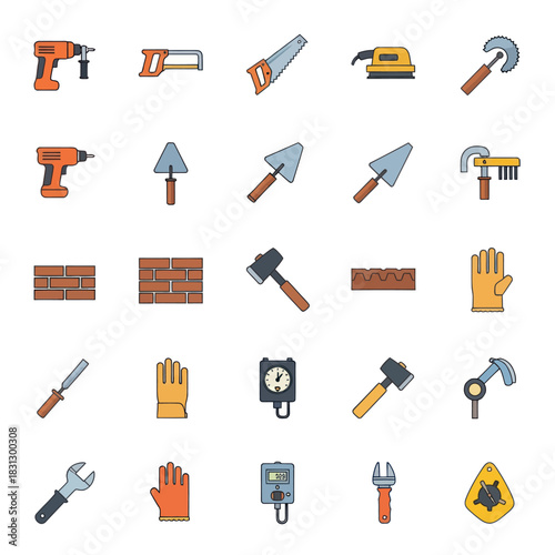 Construction Tools and Equipment Icons Set for Building and Repair.