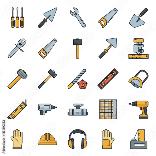 Collection of construction and DIY tools and safety equipment.