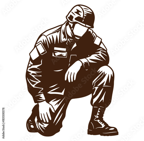 A kneeling soldier illustration in brown isolated on white background suitable for memorial day