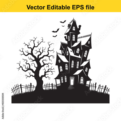 Creepy haunted mansion silhouette with bare tree and flying bat vector illustration isolated on white background
