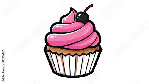 Delicious Pink Frosted Cupcake with Cherry Topping.
