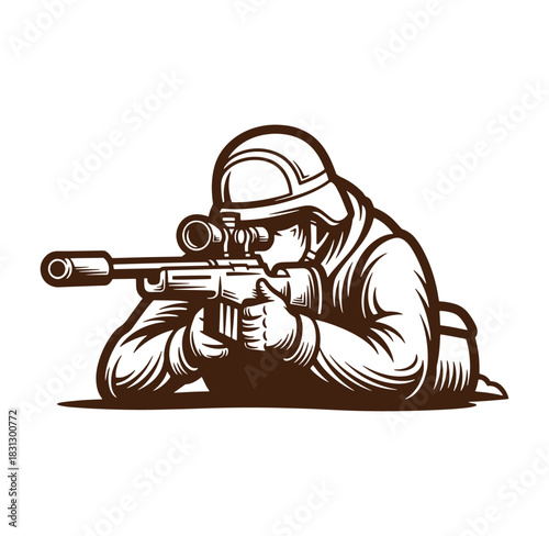 Silhouette illustration of a soldier aiming a rifle down on ground with scope ready