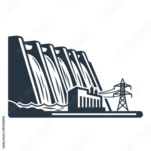 Hydroelectric Dam Power Plant Illustration with Transmission Tower.