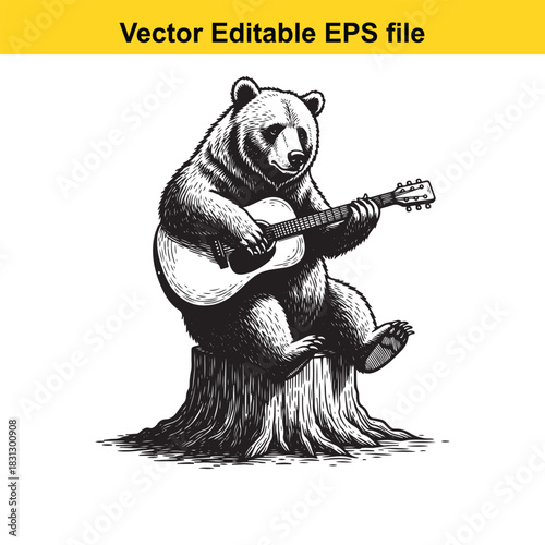 Black and white vector illustration of a grizzly bear sitting on a tree stump and playing an acoustic guitar, isolated on white background
