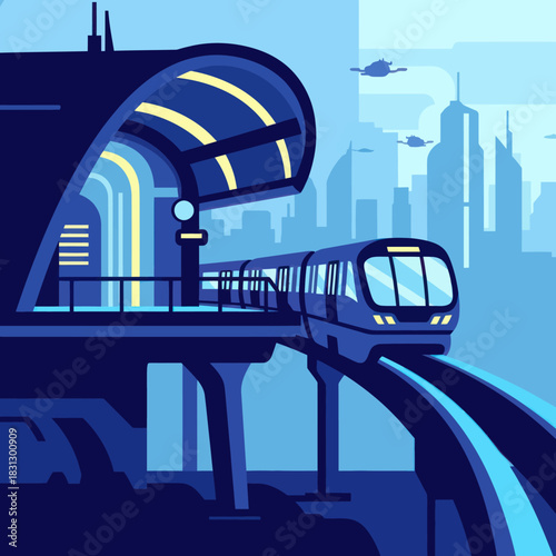 Futuristic monorail train arriving at an elevated station platform.