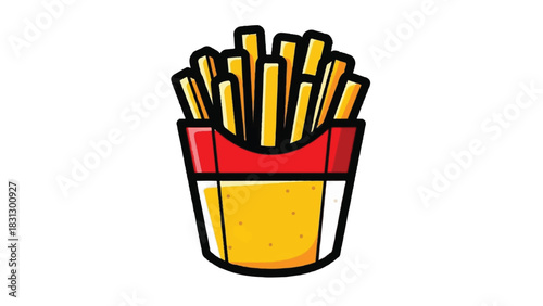 Crispy Golden French Fries in a Red and Yellow Cardboard Container.
