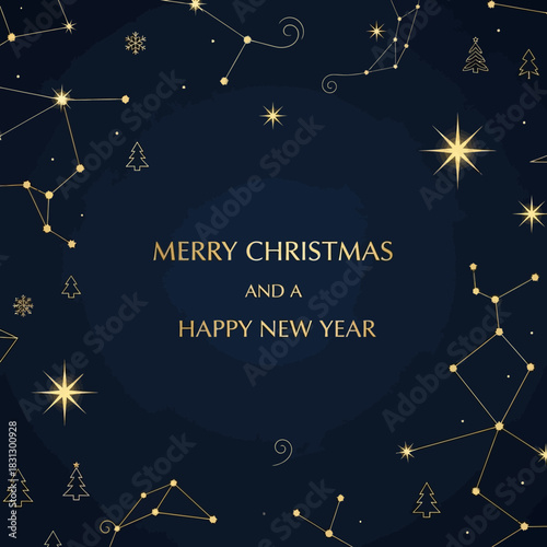 Celestial Christmas: A starry night holiday greetings card with golden constellation patterns
